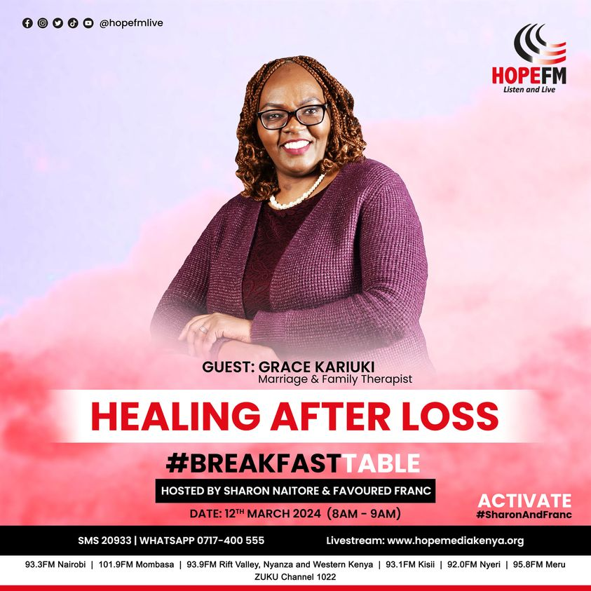 HopeFMLive's tweet image. How has the loss of a loved one ever affected you?
On the #BreakfastTable Marriage &amp;amp; Family Therapist in helping us unpack the conversation on Healing After Loss.Feel free to share your thoughts and questions with us. WA 0717400555 | SMS 20933 
 @sharon_Naitore  @Favoured_Franc
