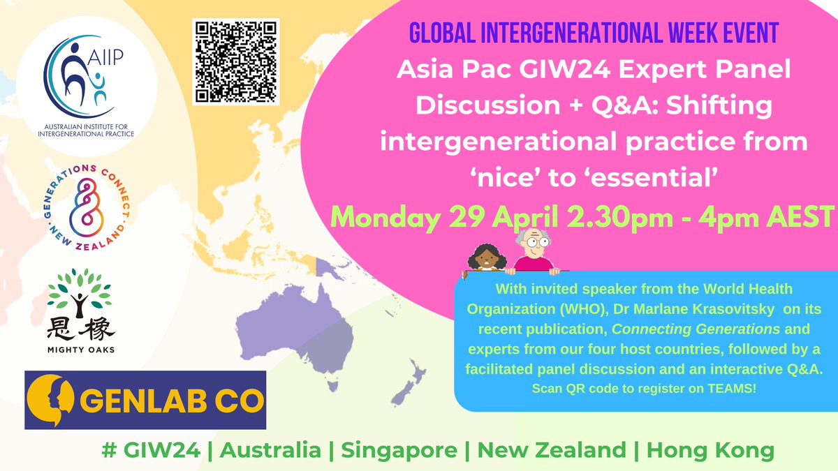 #GIW24 Asia Pacific from nice to essential. Attendees will hear about the importance of intergen practice as a proven strategy to combat ageism from a global perspective, and highlights from the latest WHO publication Connecting Generations. #giw24 #aiip