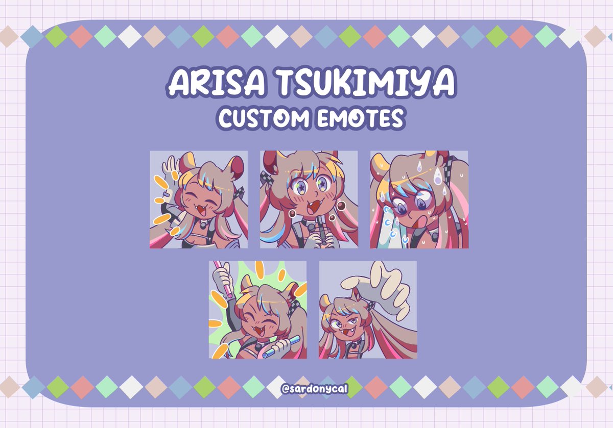 custom emotes for the lovely <a href="/ArisaTsukimiya/">𝔸𝕣𝕚𝕤𝕒🌙✨ | Capybara Race Queen Vtuber 👑</a> !!💜
thank you so much !! :3

#VGenComm
vgen.co/sardonycal