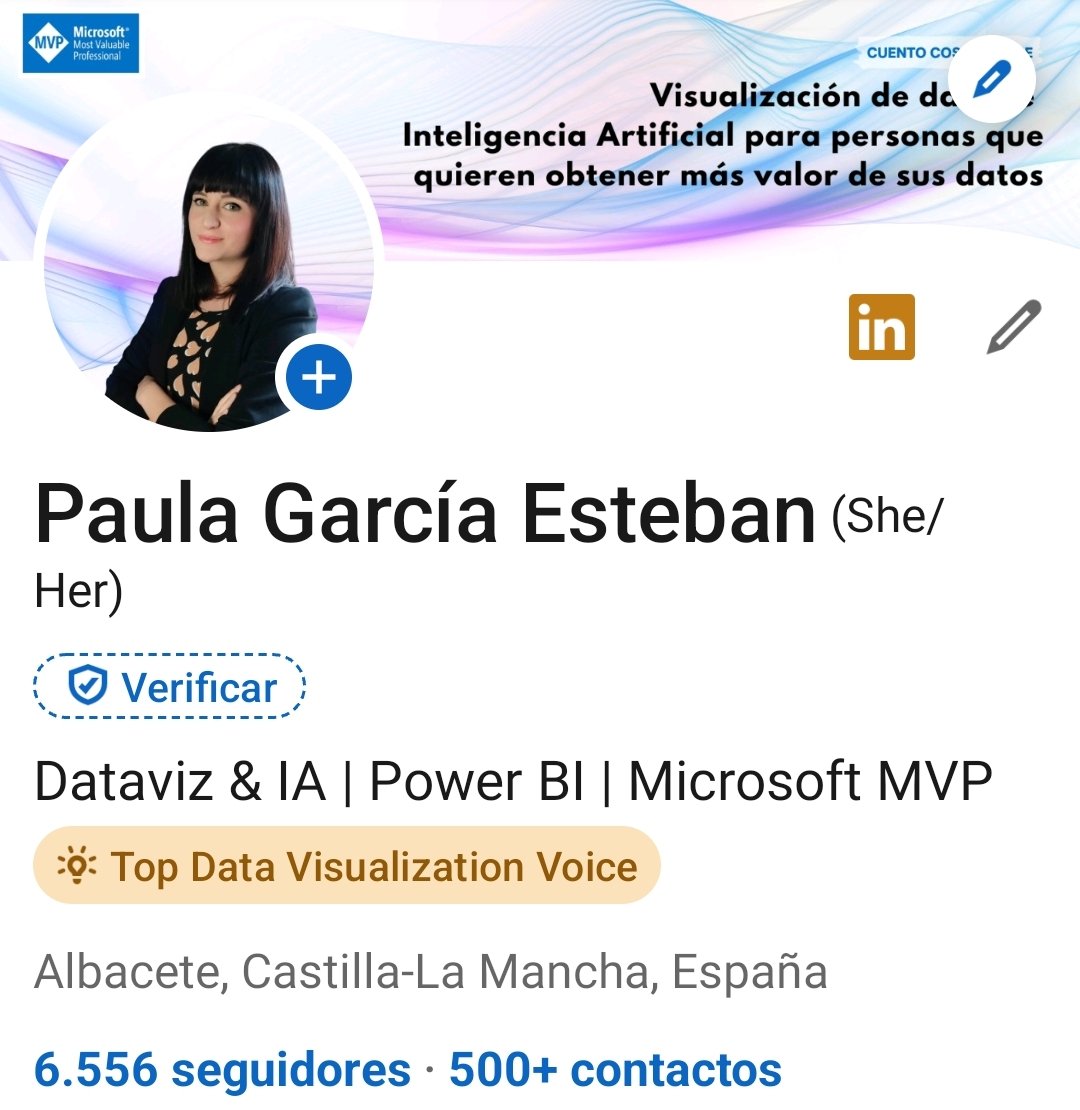 Paula_G_Esteban's tweet photo. Ey! Que soy Top Data Visualization Voice en Linkedin! 🙆🏻♀️📊🚀😊
(También #pbicorevisuals community representative para dar feedback y conectar a los usuarios con el equipo de desarrollo de producto de #PowerBI... Te escucho 😉) https://t.co/sgIbCfgC8B