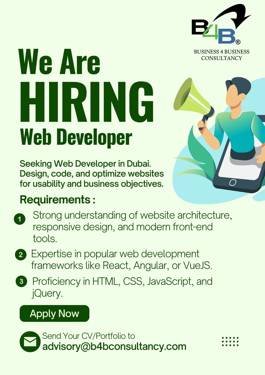 b4bconsultancy's tweet photo. Exciting opportunity in Dubai for a skilled Web Developer! Take charge of website design and coding, crafting visually captivating sites with seamless navigation for all devices. 
Kindly share your CV on advisory@b4bconsultancy.com

#webdevelopment  #hiring #urgentrequirement https://t.co/L6paRGDtDY