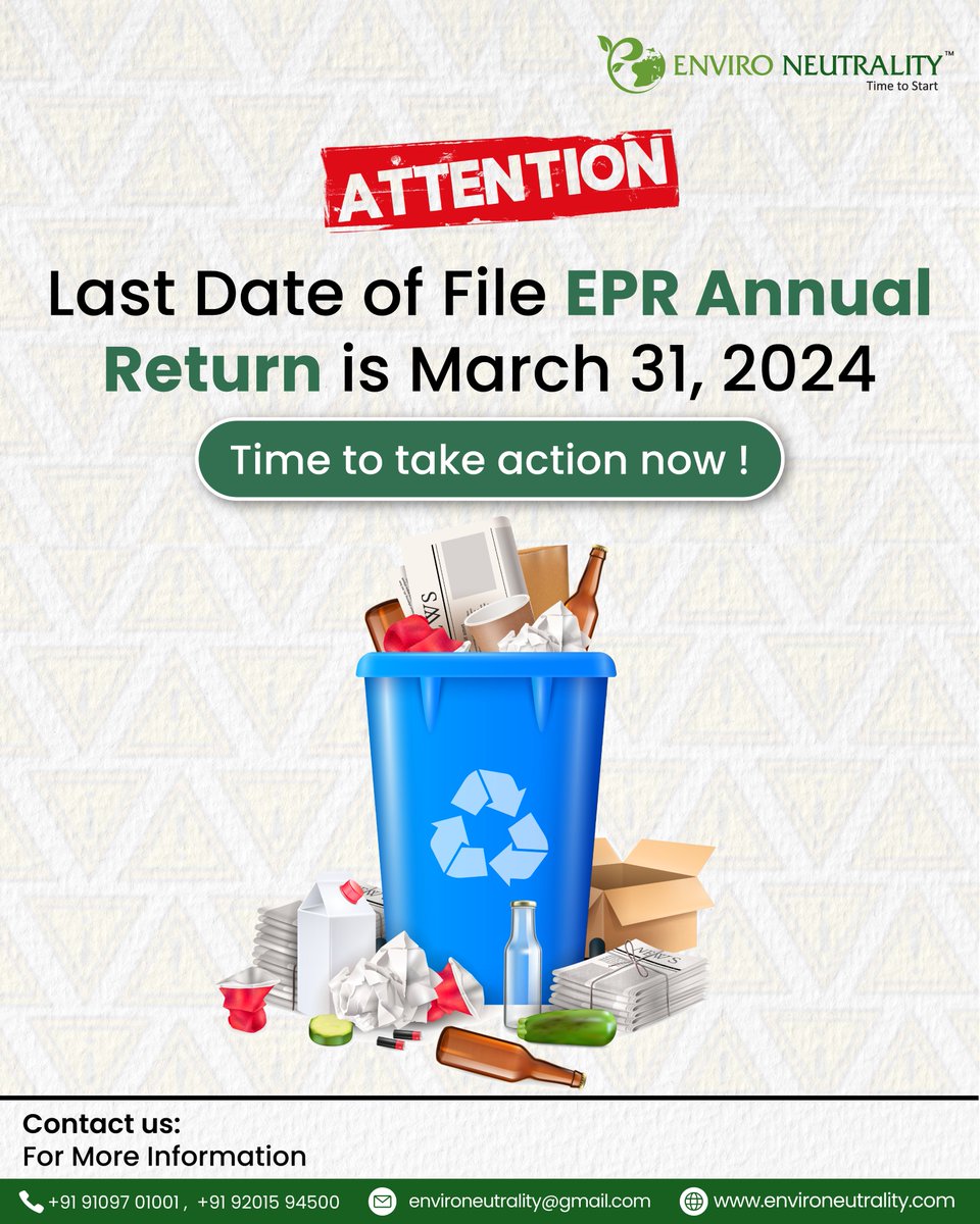 📷 Don't forget! 📷 The deadline to file your EPR annual return is March 31, 2024. Make sure to submit your return before time runs out! 📷

#EPR #Deadline #FileNow #pwp #pibo #RecycleResponsibly #plasticwastemanagement #ewaste #rubberwaste 📷