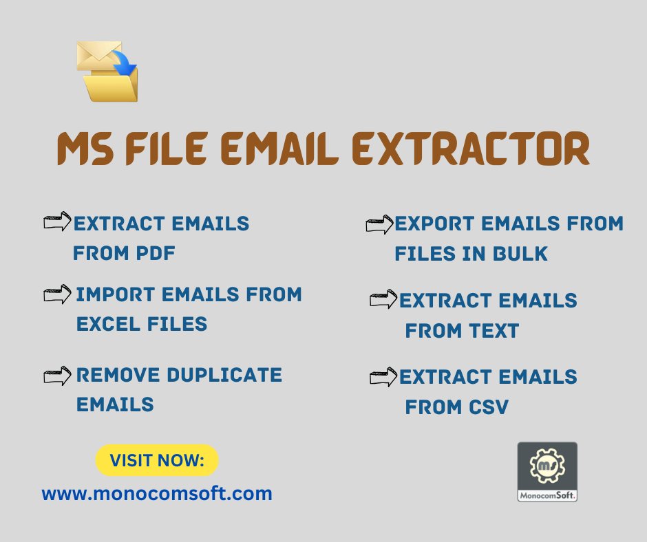 monocomsoft's tweet photo. Download MS File Email Extractor to enjoy unlimited email extraction from various types of files. #MSFILESEMAILEXTRACTOR #Extractpdf #extractfile https://t.co/g4eKvxPyD1