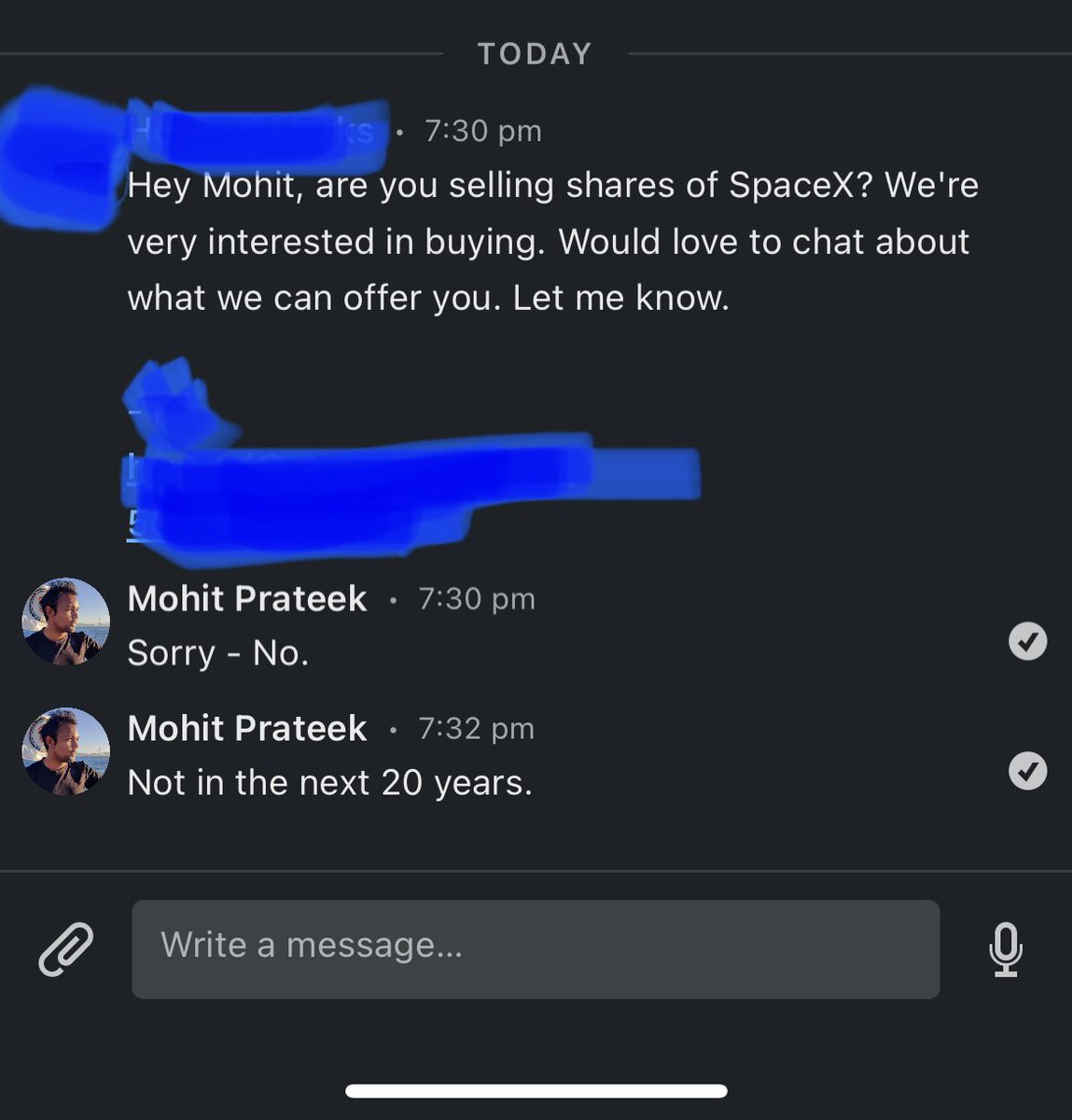 mohitprateek's tweet image. Selling SpaceX? — No, not in the next 20 years!