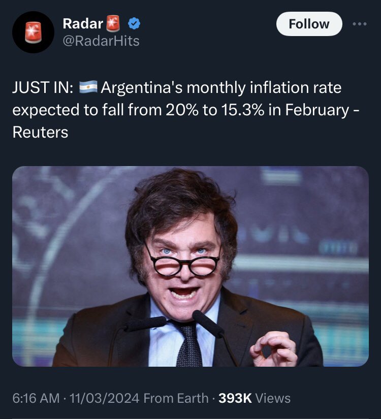 firstladyship's tweet photo. 1 “One man cannot do it.”
2 “Change begin with you.”
3 “The president is not important.”
4 “Hold your governors accountable.”
5 “What will Peter Obi do differently?”

Tinubu has spent 9 months. But Javier Milei of Argentina has spent only 3 months.

WHAT IS THEIR LATEST EXCUSE?

Argentina started in worst place than Nigeria. From over 150% inflation to their currency in the gutter. Therefore, we will continue to compare Asiwaju & Javier Milei of Argentina.

Although the latter is just 3 months in office:

1. He already sold the private jets.
2. He reduced his number of ministers from eighteen to nine.
3. He achieved a budget surplus for the first time in twelve years.
4. He sacked his Labour Minister for increasing the salary of ministers when Argentina is facing economic challenges.

Tinubu cannot implement the Oronsaye Report. He cannot cut the cost of running the bogus goverment. With 49 ministers, Bola cannot cut the size of the government.

He’ll continue to settle the National Assembly & politicians from all sides. That is the only way he can stay in office. The aura of failure & illegitimacy is so strong.

Bola should have remained a godfather. Not that I approve, but that is the only thing he was good at. He excels in politics, but fail in governance. 

Saudi Aramco declared a profit of $121 billion for the year 2023. They will payout a dividend of $98 billion to their Shareholders.

In contrast to this, the NNPC borrowed $3.3 billion from Afrixem Bank, & used 164 million barrels of "future" crude reserves as the collateral.

The value of 164 million barrels of crude oil is over $12 billion. Nigeria as a sovereign will lose $8.7 billion in that NNPC-AFREXIM loan deal.

FG not Tinubu is looking for $10 billion to stabilize the Naira & its Economy. Of course, Binance is not going to pay a dime to the Nigerian Goverment. So where will the money come from?

Even if the NNPC is selling coconut oil, at least we should see the results, not constantly borrowing every now & then.

If you must do tribalism, at least do it for a competent hand (whose name is unblemished). Who can attract the $$$.

Your support for Bola Tinubu is no longer the problem. What’s done is done!

The problem is, why are you still stupid?
Why is Peter Obi your problem in 2024?