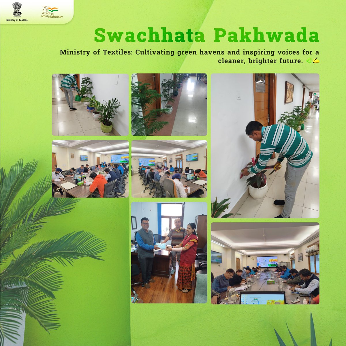 During Swachhata Pakhwada, the Ministry of Textiles adorned Udyog Bhawan with plants and pots, enhancing the aesthetics of surroundings. Additionally, a special essay competition on '2047-विकसित भारत के लिए स्वच्छता का योगदान' was organised. #SwachhataPakhwada