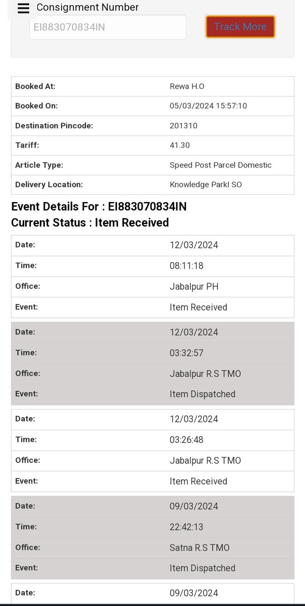 Very disappointed with the service of <a href="/IndiaPostOffice/">India Post</a> . 
A parcel sent from rewa on 5th March is still in jabalpur.  Why it is taking too much time? Is it a speed post or what? You should change your name from speed post to late post. 

#indiapost
#latepost 
#disappointed