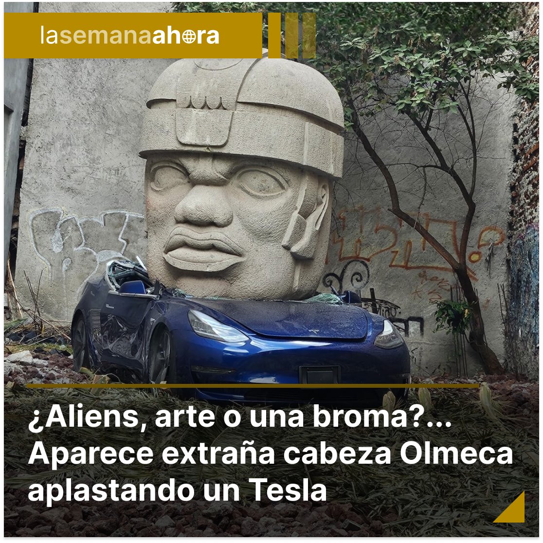 LSAhora's tweet photo. 🚗🗿 En la colonia Roma en la #CDMX, un Tesla y una cabeza Olmeca se cruzan en un peculiar escenario. Se trata de la obra 🎨 de Chavis Mármol, escultor de Apan, Hidalgo, explorando el pasado prehispánico desde una perspectiva neocolonial occidental. ¿Arte, o una broma? Tú decides https://t.co/h0p1zB95gH