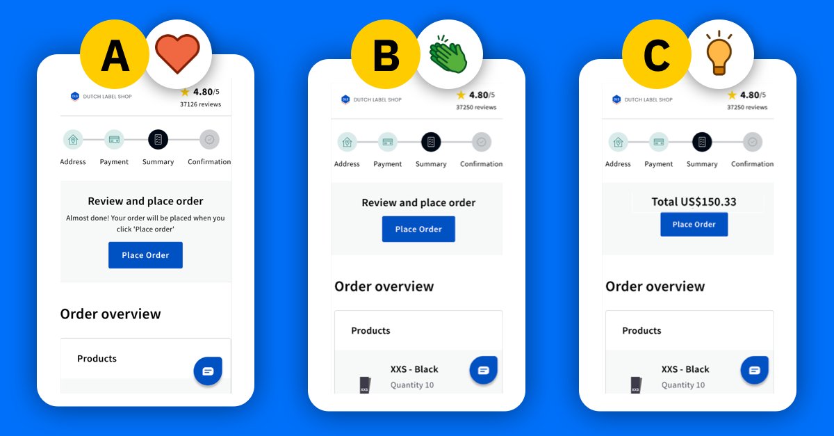 A/B test: Which version performs best? Comment your choice and, if you'd like, explain why. Results will be shared tomorrow.

Background: This is the final step of the ordering process where people confirm their order. Experiment conducted due to high drop-out rate at this step.