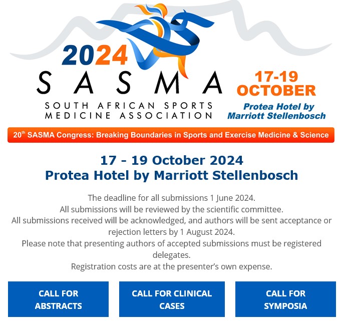 Submit your groundbreaking work by June 1, 2024! Our expert panel awaits. Acceptance notifications by August 1, 2024. Don't miss out!
Register Now! sasma2024.co.za
#SASMA #SASMACONGRESS2024 #Sportsmedicine #SASMAStrong