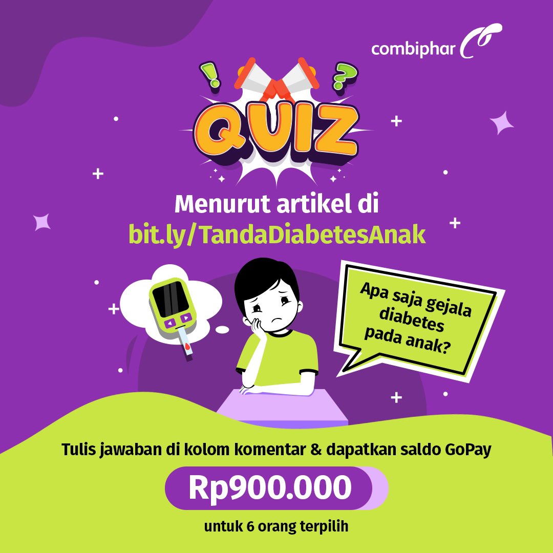 combipharID's tweet photo. Diabetes ternyata juga bisa terjadi pada anak-anak, lho!😱

Yuk, ikut Combiphar Quiz untuk menyebarkan pengetahuan mengenai diabetes pada anak. Ada GoPay senilai total Rp900.000 bagi 6 pemenang yang beruntung, lho. Ikuti caranya:
1. Follow Twitter Combiphar
2. Jawab pertanyaan di gambar
3. Reply tweet ini dengan jawaban kamu, mention 2 teman & gunakan #ChampioningAHealthyTomorrow

Periode kuis 12 - 31 Maret 2024.