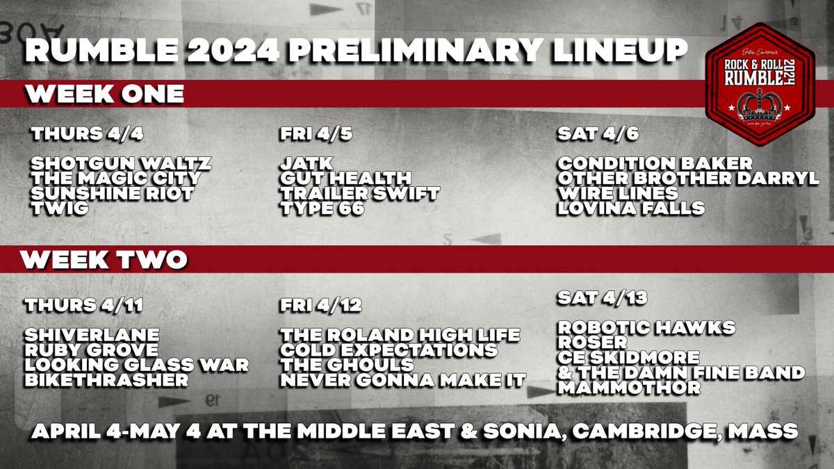 TYPE 66 (@type66music) on Twitter photo The Prelim line ups for <a href="/rocknrollrumble/">Rock & Roll Rumble</a> 2024 have been posted! We’ll be headlining Friday, 4/5, at the Middle East! Tickets on sale for all shows Thursday, March 14 at noon through Middle East box office, MidEastOffers.com and RockandRollRumble.com The Prelim line ups for <a href="/rocknrollrumble/">Rock & Roll Rumble</a> 2024 have been posted! We’ll be headlining Friday, 4/5, at the Middle East! Tickets on sale for all shows Thursday, March 14 at noon through Middle East box office, MidEastOffers.com and RockandRollRumble.com