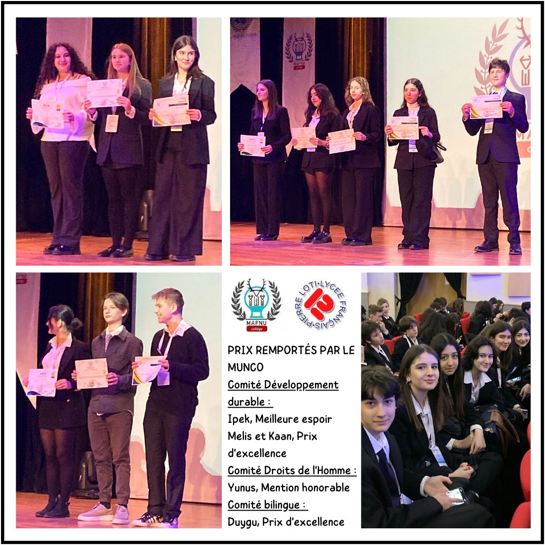 LotiLycee's tweet photo. Participation du groupe #MUNCO à la belle conférence @tfl_mafnu. Remerciements chaleureux aux écoles Tevfik Fikret d'Ankara pour leur invitation, leur accueil généreux et leur organisation efficace. Félicitations à nos 15 élèves pour leur réussite et aux 5 récompensés. 
@aefeinfo https://t.co/ZM8w6x7rAN