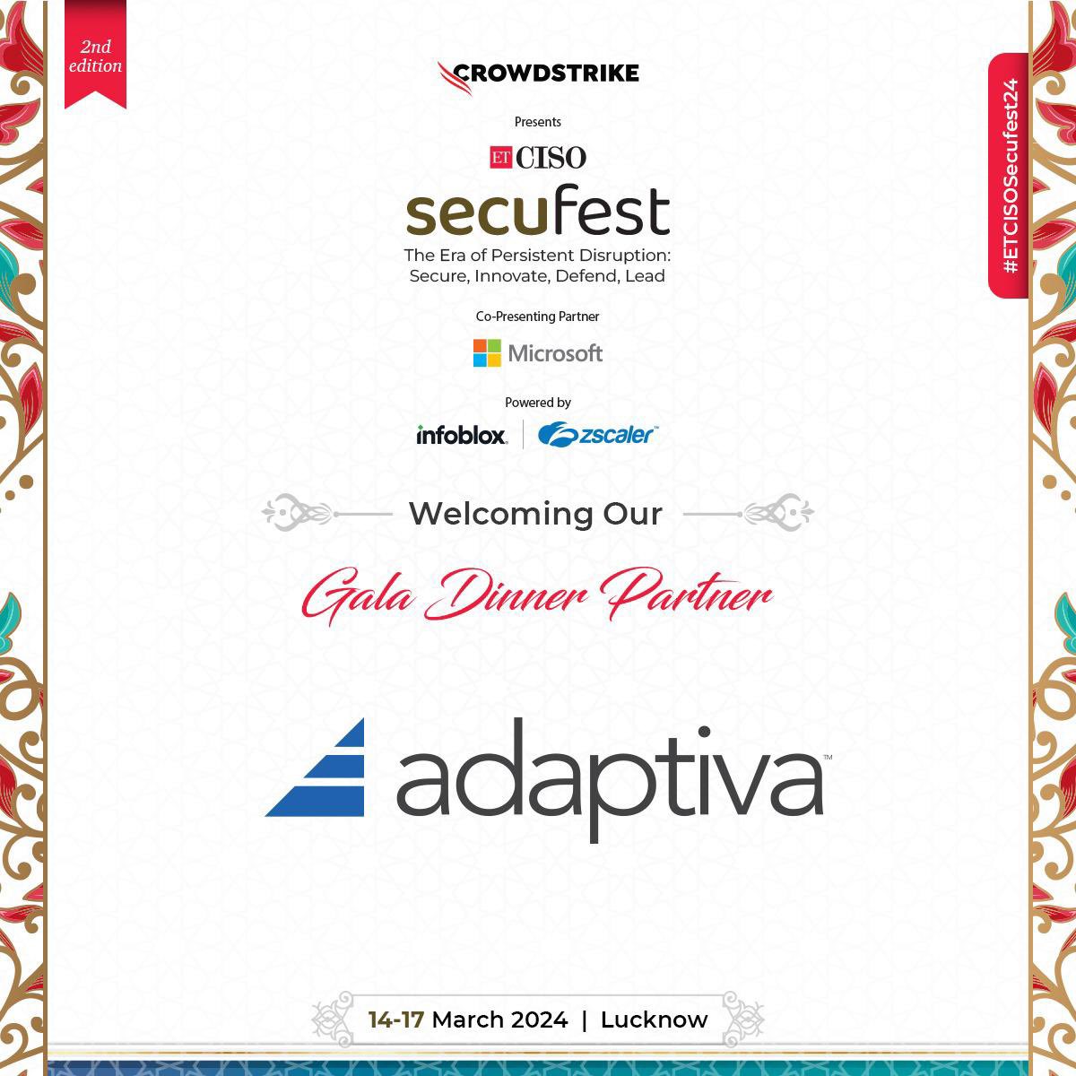 ET_CISO's tweet photo. 🌟 Roll out the red carpet for our Gala Dinner Partner, @adaptiva! 🍽️ 

We're delighted to have them join us for ETCISO Secufest 2024 in Lucknow. 

Know  more- https://t.co/DdunilqvvD

#ETCISO #ETCISOSecufest24 #CyberLeaders #CysecuritySummit #CybersecLeaders #ResidentialSummit https://t.co/WLPp5Y2DQG