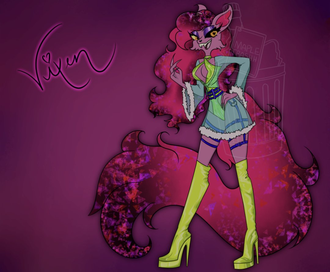 MapleWitch2's tweet photo. [OC] This is my lovely mother's Hazbin OC Vixen! 
I thought I'd go ahead and share her on my page due to some confusion. 
BG:
My mom and I got into Hazbin when it came out 4 years ago originally and are of course obsessed now. So I helped her make an OC (1/?) https://t.co/H1Z1uHd9G4
