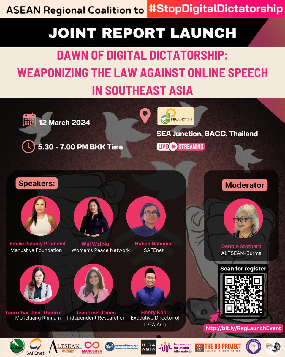 Join us today for the launch of our first thematic report!! Dawn of Digital Dictatorship: Weaponizing the Law Against Online Speech in Southeast Asia 📅12 March, 5.30 - 7 pm, at SEA-Junction, 4th floor, BACC Organized by @ManushyaFdn, @SEAJunction, and partners