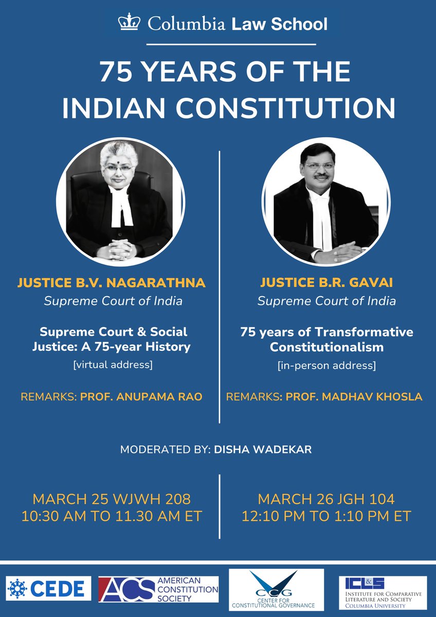This year marks the 75th anniversary of the Indian Constitution. To commemorate this significant event, the @acslaw, Center for Constitutional Governance, @ICLSColumbia, CEDE, and other sponsors are organizing a two-day event at Columbia Law School.