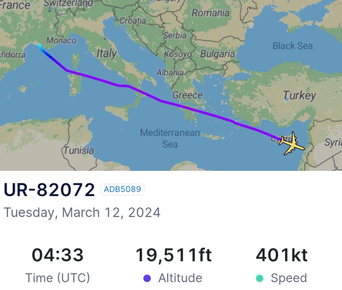LebanonJets's tweet photo. Did a #Ukrainian #Antonov #An124 with hex #50801F #UR82072 #ADB5089 arrive into #Beirut from #Istres LesTube Air Base in #France this morning? The ongoing gpsjam is hardcore today, ID hidden & a 2nd An124 flew behind but landed in #Larnaca hex #508003 #UR82029
@Intel_Sky https://t.co/YGFxrPcjbA