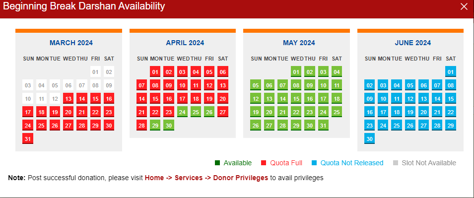 ExplorebyRoad's tweet photo. #Tirumala #Tirupati slots availability as #SummerVacations are starting, no availability of Rs. 300 until end of May 2024
#SpecialEntryDarshan #TirumalaTirupati
You can still find some availability for #April2024 and all of #May2024 for the #SrivaniTrust Donation category (Rs. 10,500 / pilgrim)
So if you are planning a visit to #VenkateswaraSwamy temple and have some additional amount that you can bear, this is the best option available else, you need to wait until #June2024 to plan your next visit....