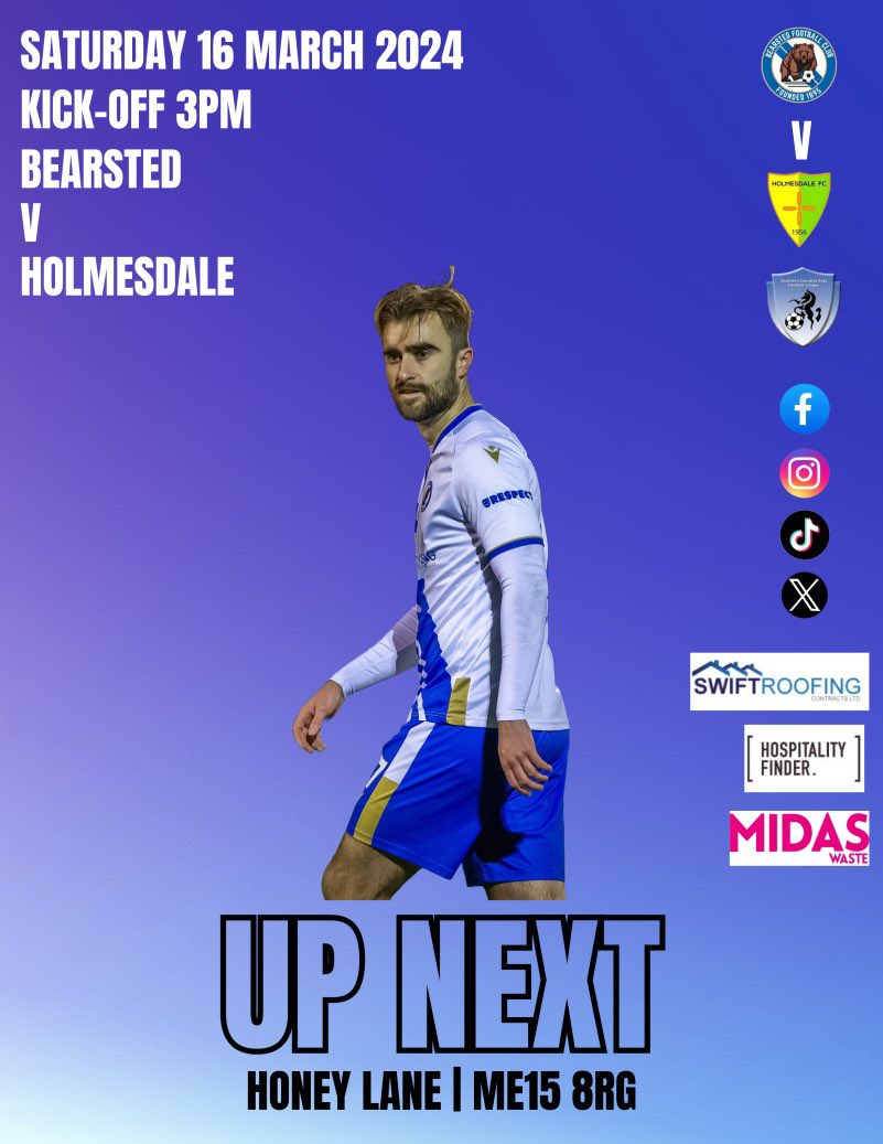Up next, <a href="/HolmesdaleFC/">Holmesdale 1956 FC</a> in the <a href="/SCEFLeague/">Presence & Co. SCEFL League</a> on Saturday, Kick-off 3pm #bearstedfc #bears #football #scefl #kent #upnext