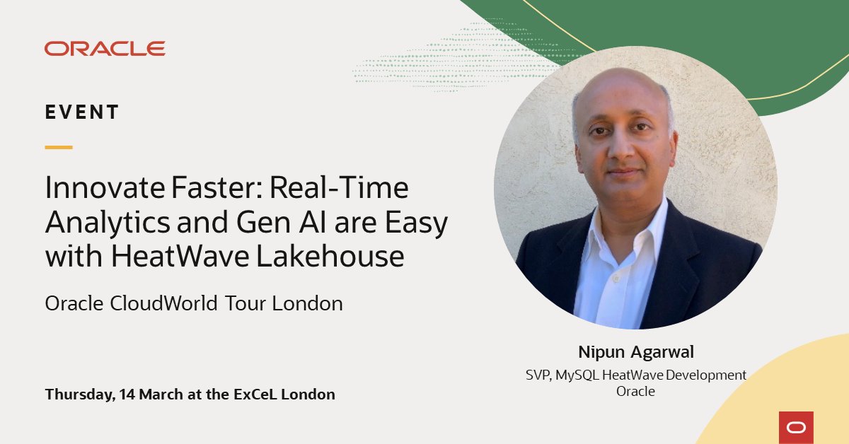 MySQL's tweet image. [CloudWorld London] Mar 14. Join us to hear about the latest MySQL HeatWave innovations for lakehouse, machine learning, generative AI, JavaScript support, multicloud, MySQL Autopilot. social.ora.cl/6013k8kJd
#MySQL #MySQLHeatWave #OracleCloudWorld #London