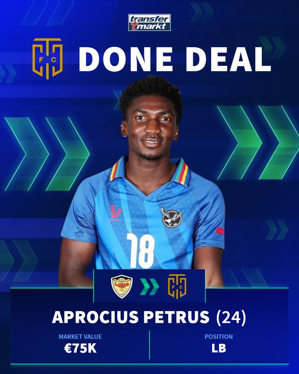 𝗗𝗢𝗡𝗘 𝗗𝗘𝗔𝗟

@CapeTownCityFC have completed the signing of Namibian left back Aprocius Petrus. 🇳🇦

Petrus last played at Liria Prizren in Kosovo and appeared for the Brave Warriors against Bafana Bafana at #AFCON2023.