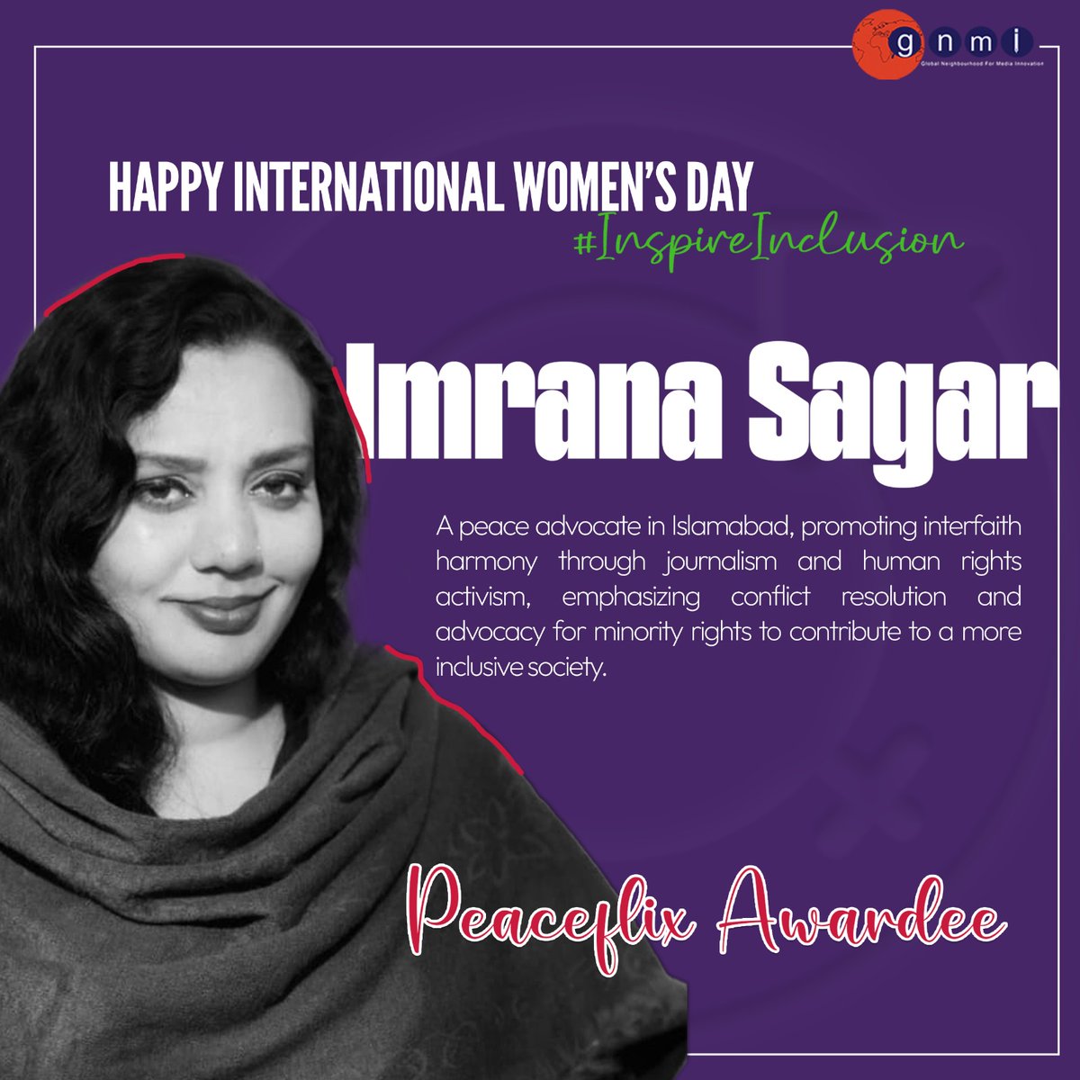 GnmIonline's tweet photo. 🕊️Imrana Saghar, a peace advocate from Islamabad, fostering unity through journalism, poetry, and human rights activism. 📰✍️
#PeaceFLIX #GNMI https://t.co/r97A8JRJib