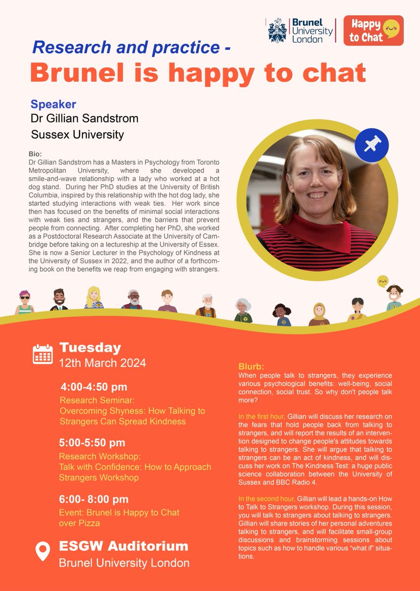 Dr Gillian Sandstrom (@SussexUni) will deliver a research talk on the “benefits of talking to strangers”. This is followed by a workshop, where you get to role play and pick up a few tips about how to chat to strangers. 👉Join the event today: bit.ly/3v7qyrL