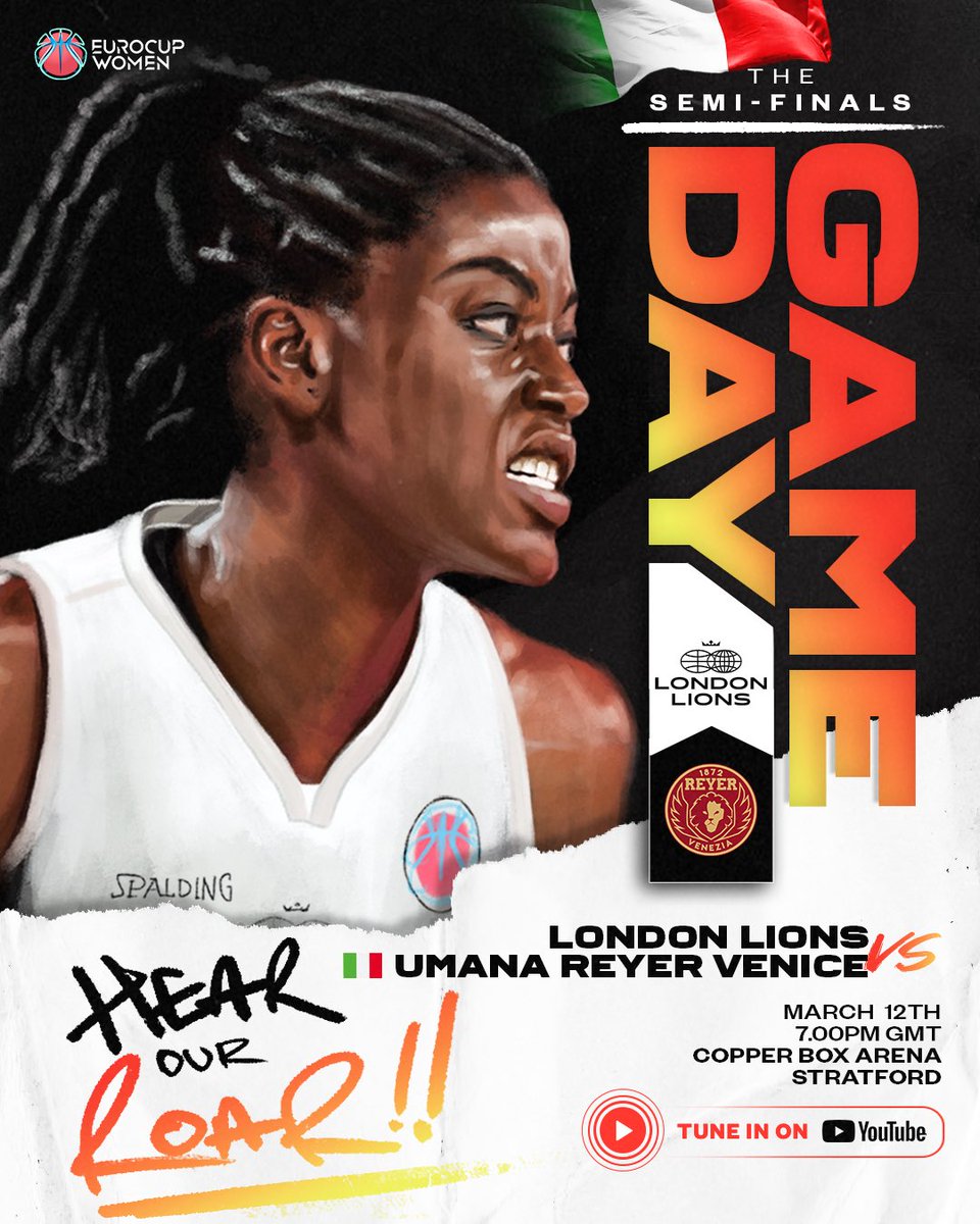 londonlionsw's tweet image. EURO SEMIFINAL GAME DAY 🦁🔥

The biggest game in our history! 😤

🎟️ Buy tickets: ticketmaster.co.uk/women-s-euro-c…
🏆 @EuroCupWomen semifinal, 2nd leg
🆚 @REYER1872 🇮🇹
📆 Tuesday, 12th March
📍 @CopperBoxArena 
⏰ 7pm tip
🔴 Watch live: youtube.com/live/9eywwXB9v…

#WeAreLondon