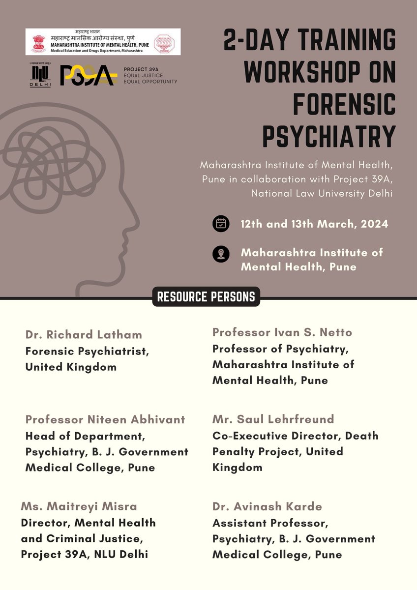 Thrilled to collaborate with the Maharashtra Institute of #MentalHealth @MimhPune for a #workshop to discuss issues of fitness to stand trial, insanity defence & sentencing! The resource persons are @MisraMaitreyi, @SaulLehrfreund, Dr. Richard Latham, Dr. IS Netto and Dr. Karde.