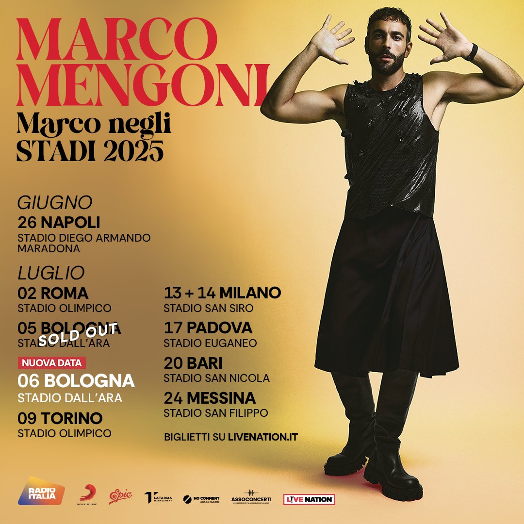 #MarcoNegliStadi2025 continua a correre! Lo show di @mengonimarco a Bologna registra il sold-out, e si aggiunge una nuova data: BOLOGNA, Stadio dall’Ara 5 luglio 2025 (SOLD OUT) 6 luglio 2025 (NUOVA DATA) 🎟 Biglietti dalle 11:00 di domani su livenation.it