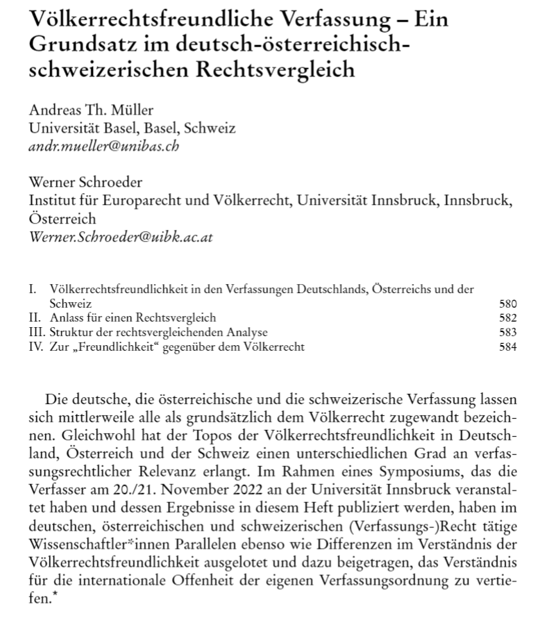 Andreas Th. Müller & Werner Schroeder bieten in ihrer vergleichenden Analyse Einblicke in die unterschiedlichen Relevanzen der 'Völkerrechtsfreundlichkeit' in 🇩🇪🇦🇹🇨🇭Verfassungen. Mehr darüber: nomos-elibrary.de/10.17104/0044-…