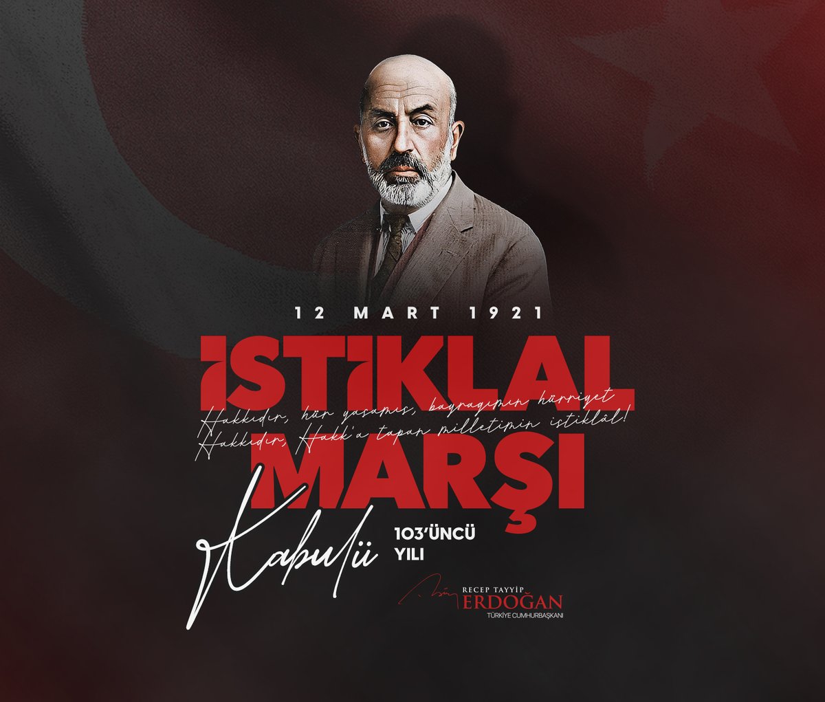 İstiklâl Marşımızın kabulünün yıl dönümünde, Mehmet Akif Ersoy başta olmak üzere istiklâl mücadelemizin tüm kahramanlarını rahmet ve minnetle anıyor, tüm vatandaşlarımı en kalbî duygularımla selamlıyorum.