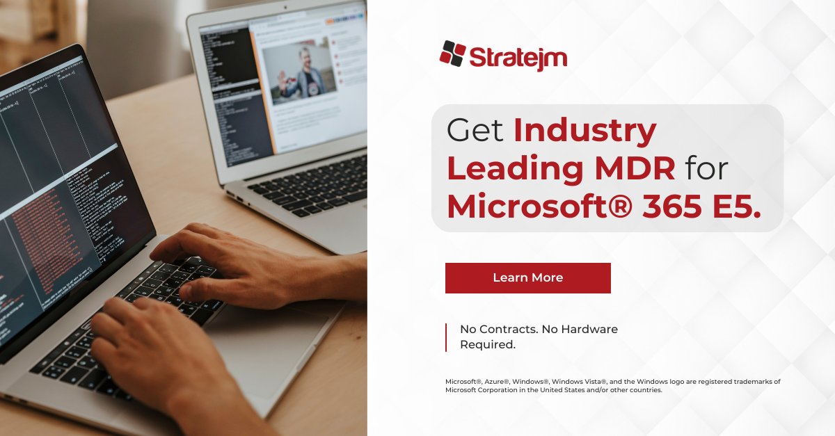 Microsoft® 365 is one of the most targeted attack vectors worldwide. That’s why we’ve decided to integrate the entire E5 suite into our MDR service.

Schedule a consultation to learn more:  hubs.ly/Q02p4hHS0

#stratejm #MDR #MDRforM365 #CybersecurityMesh