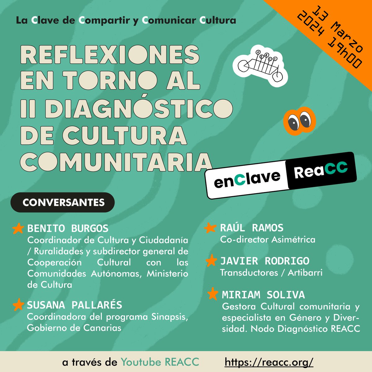 ReaccRed's tweet photo. Vuelve #enClave #REACC 🔥

📌"Reflexiones en torno al II Diagnóstico de Cultura Comunitaria"

🗨️Nos acompañan: Benito Burgos @cultuciudadania ;Susana Pallarés @CulturaGobCan ;Raúl Ramos @asimetricaorg ;Javier Rodrigo @Artibarri @TRANSDUCTORES junto a Miriam Soliva @ReaccRed https://t.co/vTKxyqi9FW