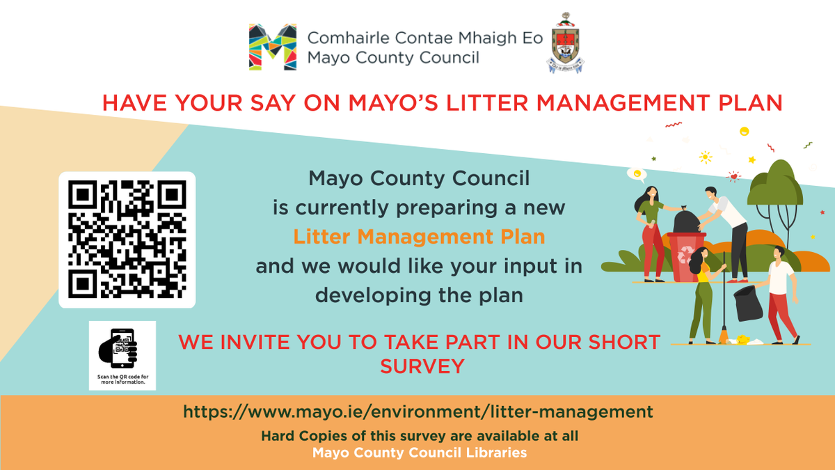 We are currently preparing a new Litter Management Plan 2024-2029. We invite you to take part in our survey Survey results will be considered & a Draft Litter Management Plan will be developed which will be available for public consultation Survey link: forms.office.com/e/XcdLYqHhAn
