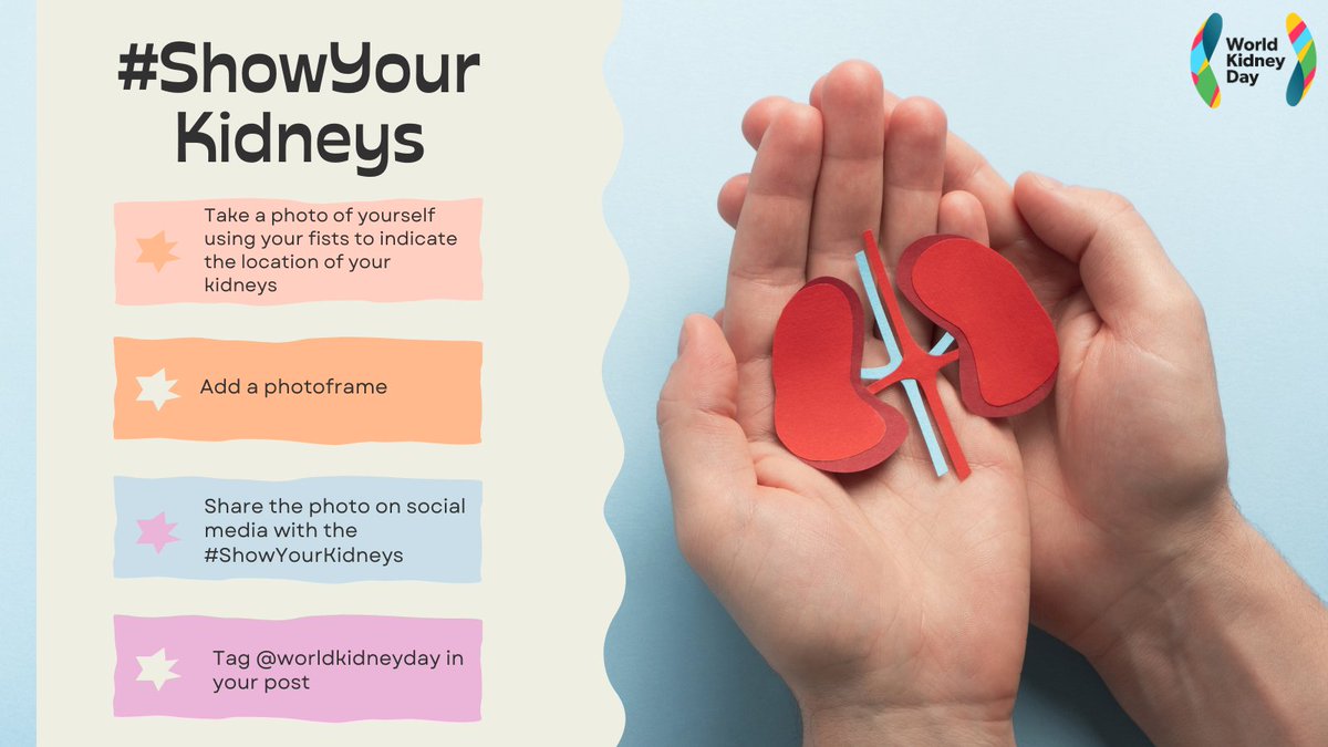 worldkidneyday's tweet image. #ShowYourKidneys some love and participate in #WorldKidneyDay&apos;s very own #HashtagChallenge! 
Involve your family and friends to help us raise awareness about kidney disease worldwide!

👉 worldkidneyday.org/2024-campaign/…