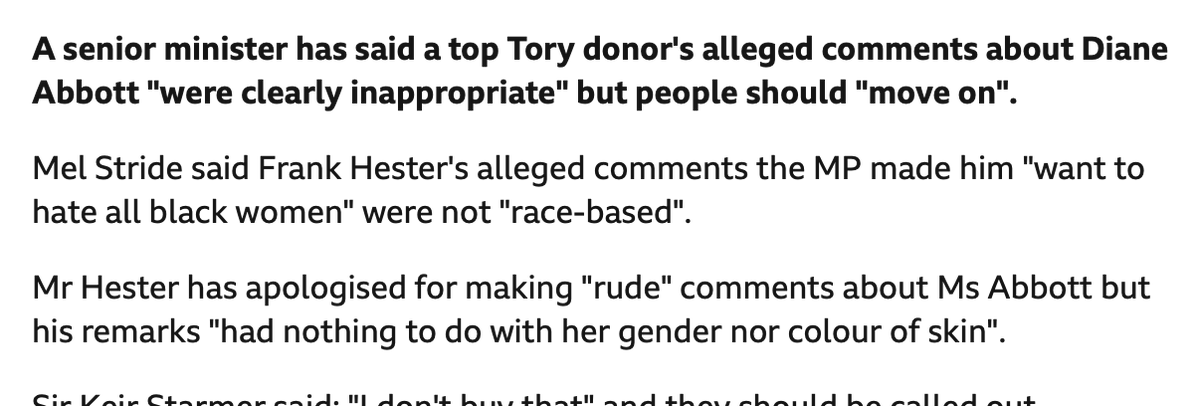 Tory donors comments about Diane Abbott 'nothing to do with gender or skin colour? Then why say she makes you want to hate 'all black women'? Why not 'everyone called Diane'? Or 'anyone who's been Shadow Home Secretary'? Or 'anyone who's shared a sofa with Michael Portillo'?