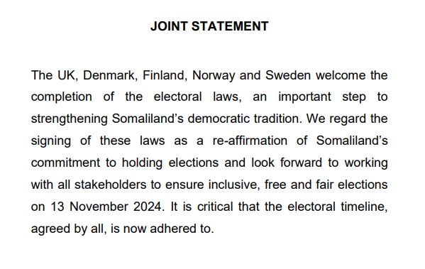 Statement from International Partners on completion of Somaliland election laws.