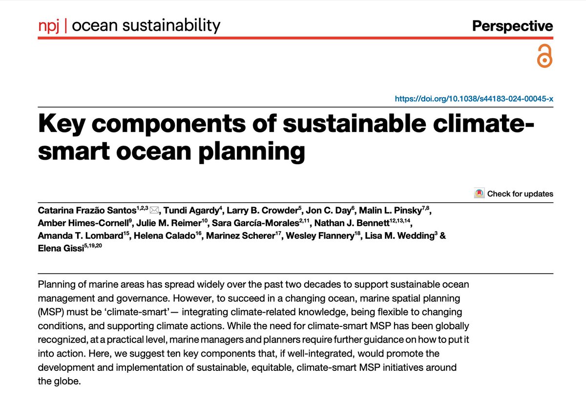 📢 After a very long time under preparation, our paper identifying 10 Key Components to promote the development and implementation of sustainable and equitable #Climate-smart #MarineSpatialPlanning around the globe is out! @npjOceanSustain Take a look!! nature.com/articles/s4418…