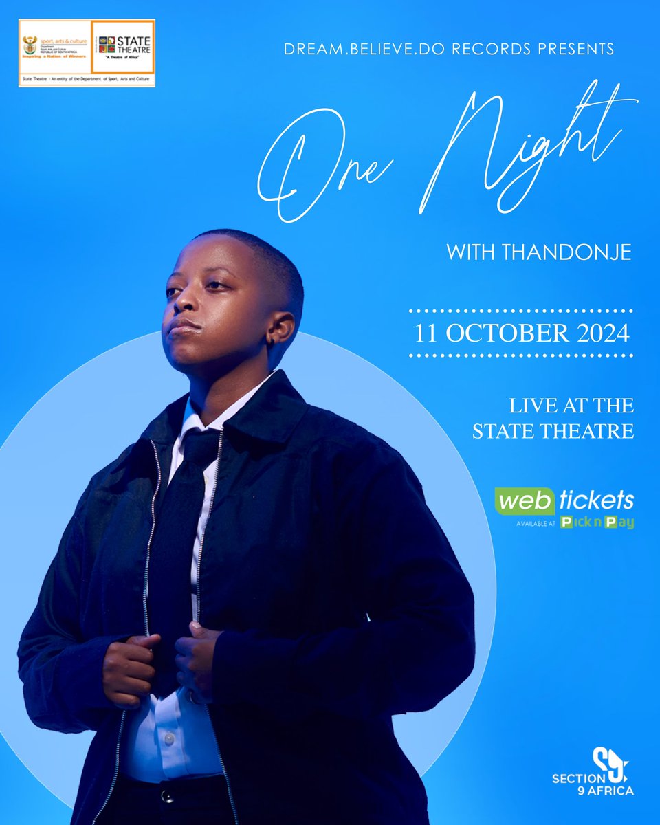 ONE NIGHT WITH THANDONJE LIVE AT THE SOUTH AFRICAN STATE THEATRE IN PRETORIA BROUGHT TO YOU BY @Section9Africa & Dream Believe Do Records. TICKETS ARE NOW AVAILABLE FOR PURCHASE 😁🤍 webtickets.co.za/v2/Event.aspx?…