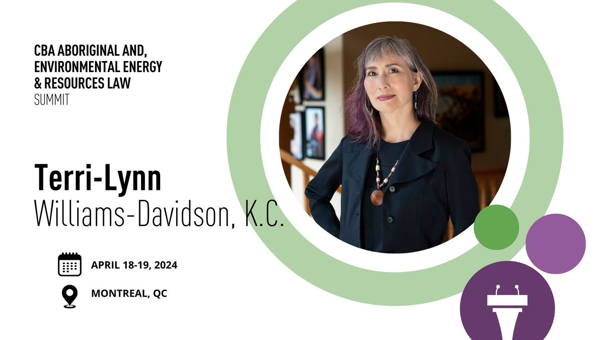 Don't miss the CBA Aboriginal and Environmental, Energy, and Resources Law Summit! 🌿🌎 Register now to hear Terri-Lynn Williams-Davidson, K.C., discuss how conserving biodiversity is informed by Haida Law.

➡️bit.ly/3SjK8d3 #CBAAEERLS