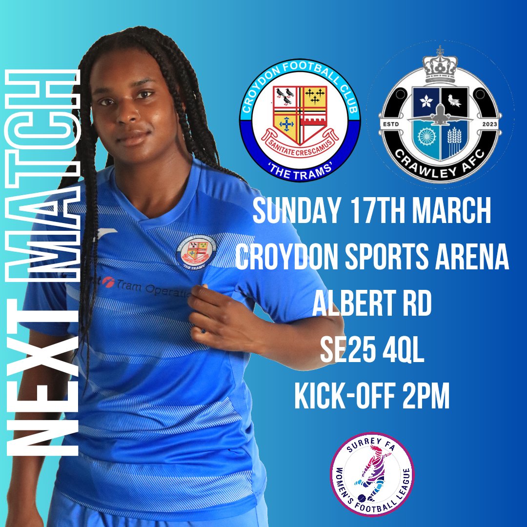 We're back in action this week when we face @crawleyafcw Res at the Arena for our last @surreyfa Prem Div home game of the season. As well as action on the pitch, we'll be raising funds for the very worthy @CassandraCentre so this is a game you don't want to miss. #WeAreCroydon