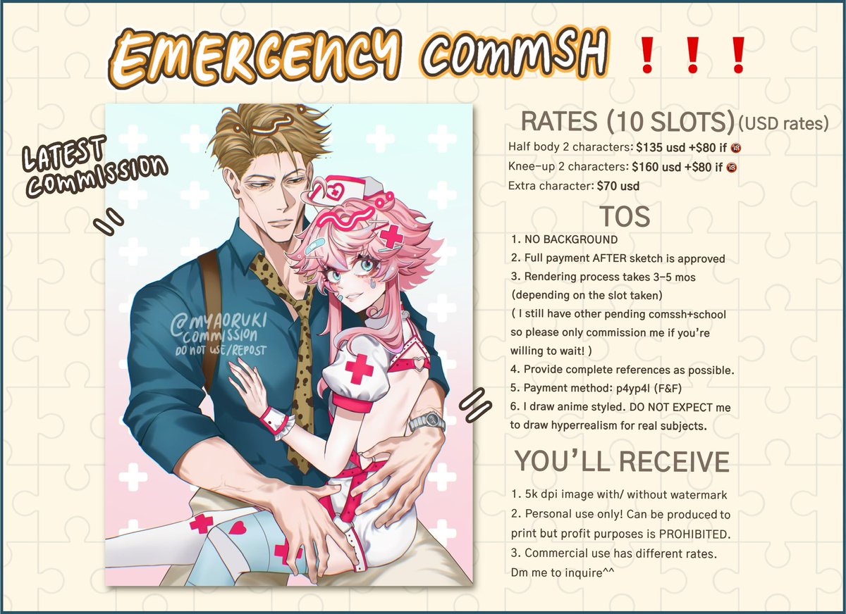 MyaoRuki's tweet photo. [RT💛] EMERGENCY CMS OPEN‼️
Will only draw rendered couple/duo characters‼️
I haven’t booked for our flight and hotel to Doujima yet i need mollah 😭🙏
Also have pending so only cms if u’re willing to wait and interested! Will start rendering on APRIL/MAY. https://t.co/pGnToZyDAo