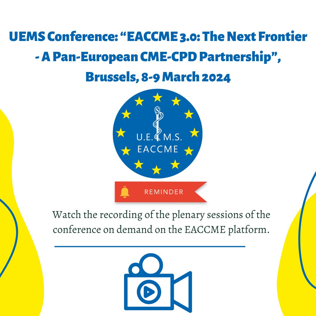 📣Reminder📣 📹The recording will be available under the virtual attendance registration. Interested?🔗Register here: https://…ACCME-UEMSConference.eventbrite.co.uk ➡️Instructions to access the recording will be available on the EACCME platform soon. #uems #eaccme #conference #recording