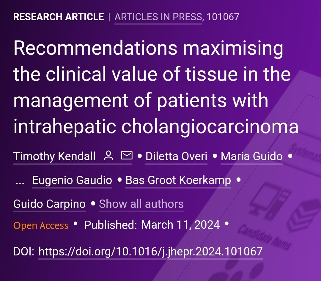 🟪NEW Article in press❕

Recommendations maximising the clinical value of tissue in the management of patients with intrahepatic cholangiocarcinoma

🔓#OpenAccess at 👉 jhep-reports.eu/article/S2589-…

#LiverTwitter