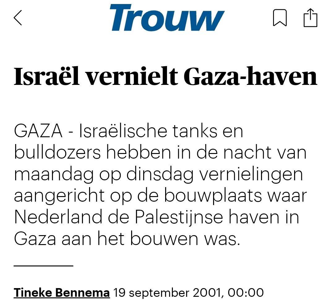 Laten we niet vergeten dat er al een professionele zeehaven in aanbouw wás in #Gaza. 
Gebouwd met 23 miljoen Nederlands belastinggeld.
En door Israël met tanks en bulldozers vernietigd.

Maar laten we vooral Israël 'onvoorwaardelijk steunen'. 🤦🤐