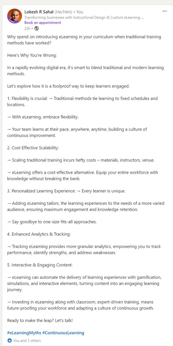Check_n_Click's tweet image. Why adopt #blendedlearning #elearning #elearningtips #instructionaldesign #instructionaldesigntips #elearningindustry #learninganddevelopment #LnD 
Read more on:
linkedin.com/posts/lokeshsa…