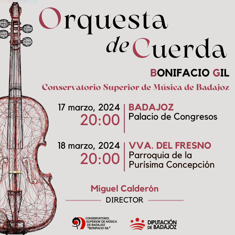 En unos días, la orquesta de cuerda «Bonifacio Gil», dirigida por Miguel Calderón realizará dos conciertos en la provincia pacense 📆17 de marzo a las 20:00 Palacio congresos #Badajoz 📆18 de marzo a las 20:00 Villanueva del Fresno ➕ℹ️csmbadajoz.es/?p=6994 @DipdeBadajoz