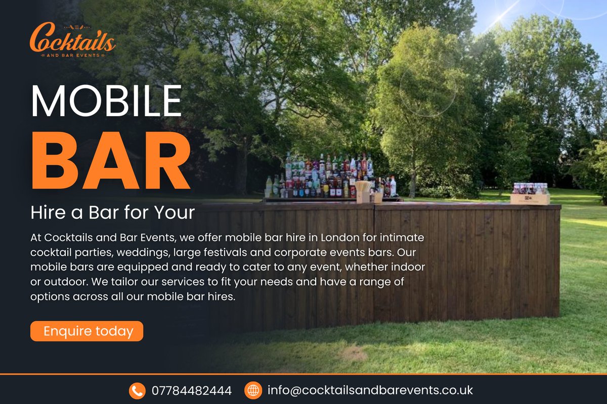 EventsCocktail's tweet image. Mobile bar parties are a fun and convenient way to celebrate any occasion, and they are trendy nowadays. Specialty cocktails for mobile bar hire add an extra layer of fun and sophistication, making events a truly memorable experience.
Wa.me/+447784482444